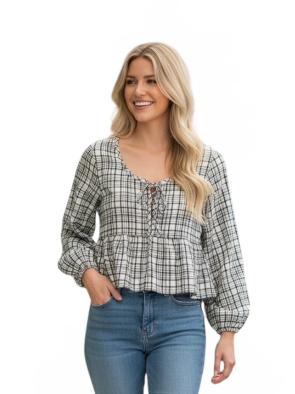 Altered State Cropped Black & White Checked Blouse